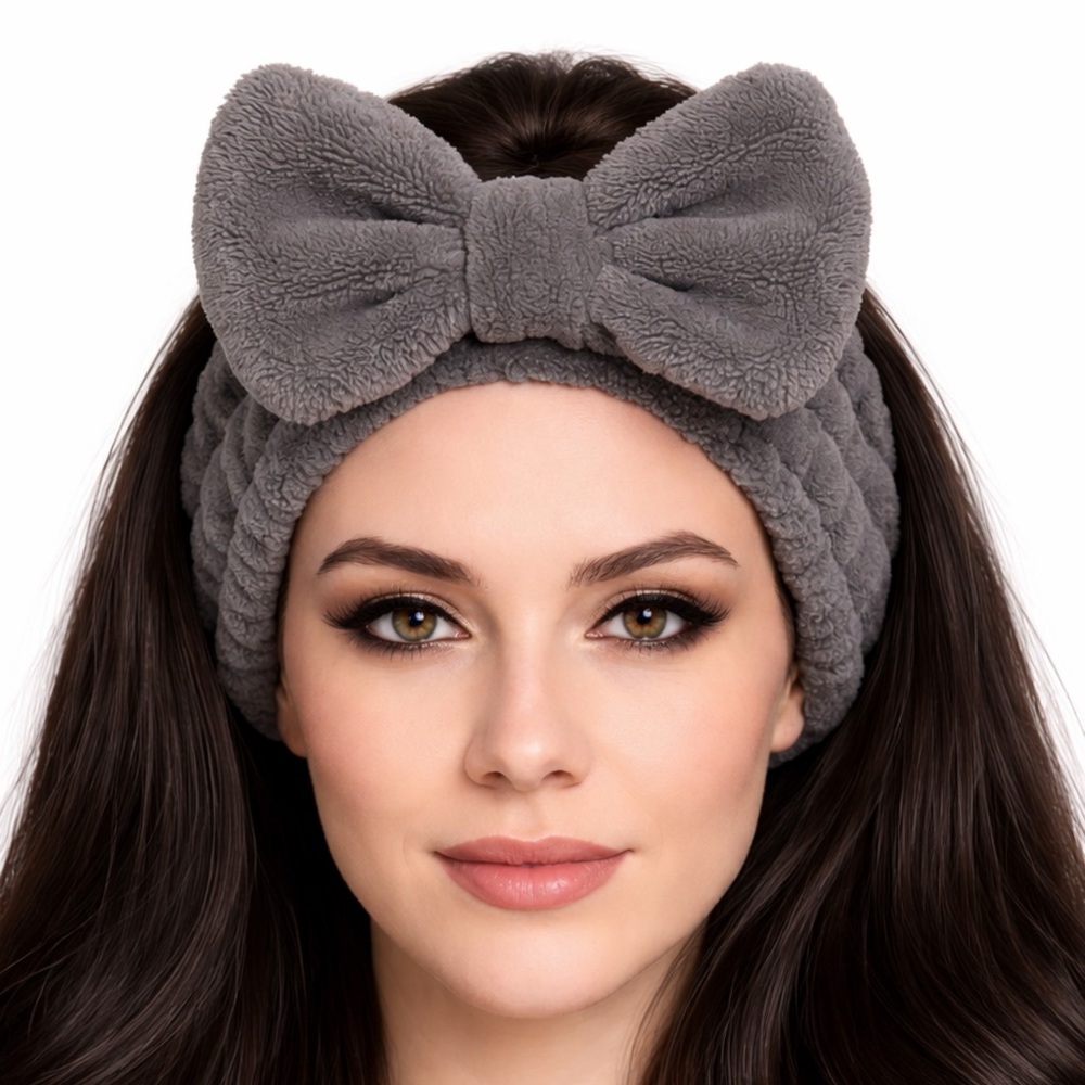 Gray Plush Bow Headband | Wide Spa Makeup Skincare Hair Wrap | Soft Coral Fleece